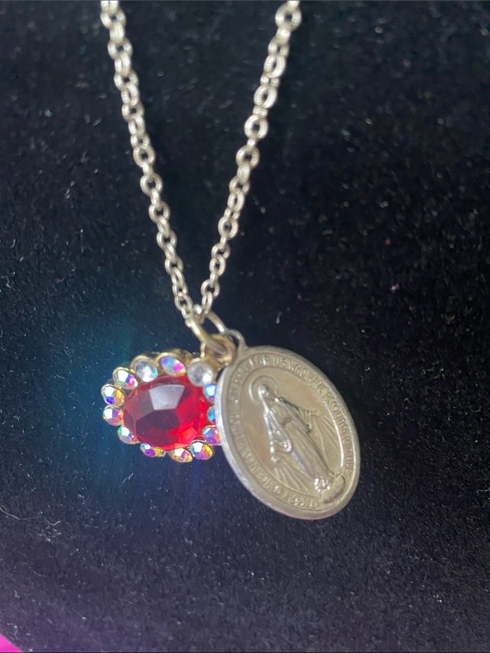 Gold-Tone Religious Medal Necklace with Red Crystal Charm Italy